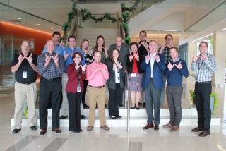 Chancellor Blank meets with UW alumni who work at Schreiber Foods. More than 55 alums work for the international dairy company based in Green Bay.