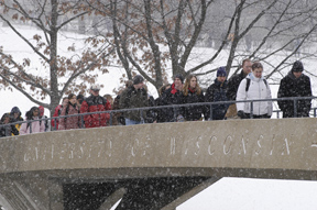 Students walking on the Bascom Hill–Park Street overpass