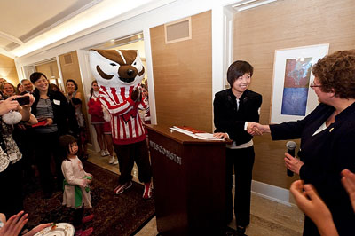 Photo: Chancellor Martin greeting the Chinese athletes at Olin House