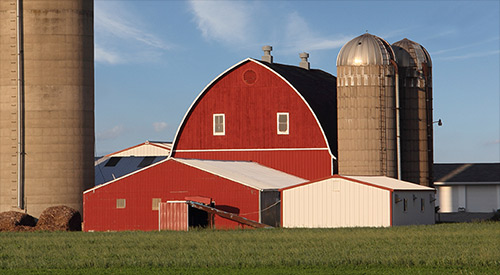 A Wisconsin farm is shown in a pastoral setting.