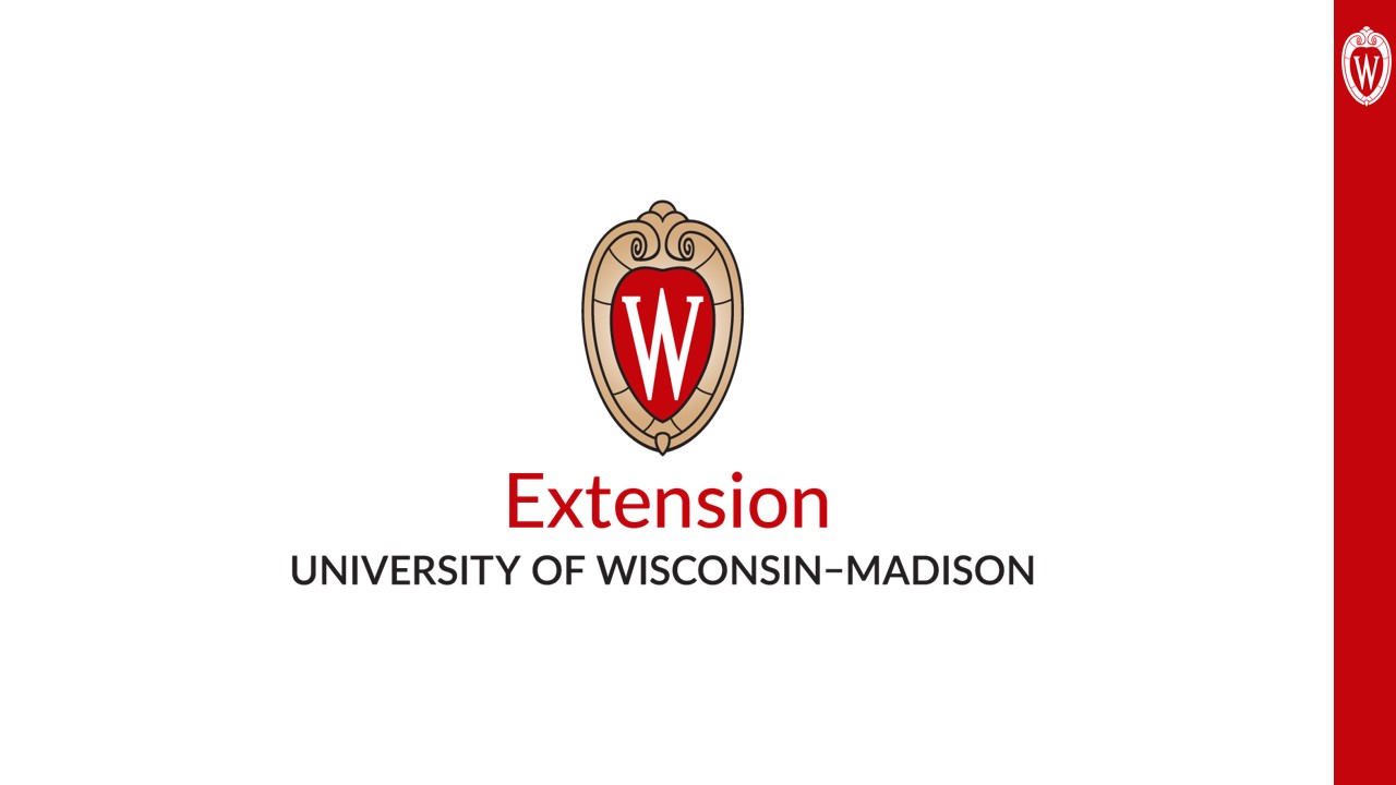 The UW–Madison crest sits above the text “Extension University of Wisconsin–Madison. The text contains a white letter W on a red background, surrounded by a light brown ornamental frame representing a stone carving.