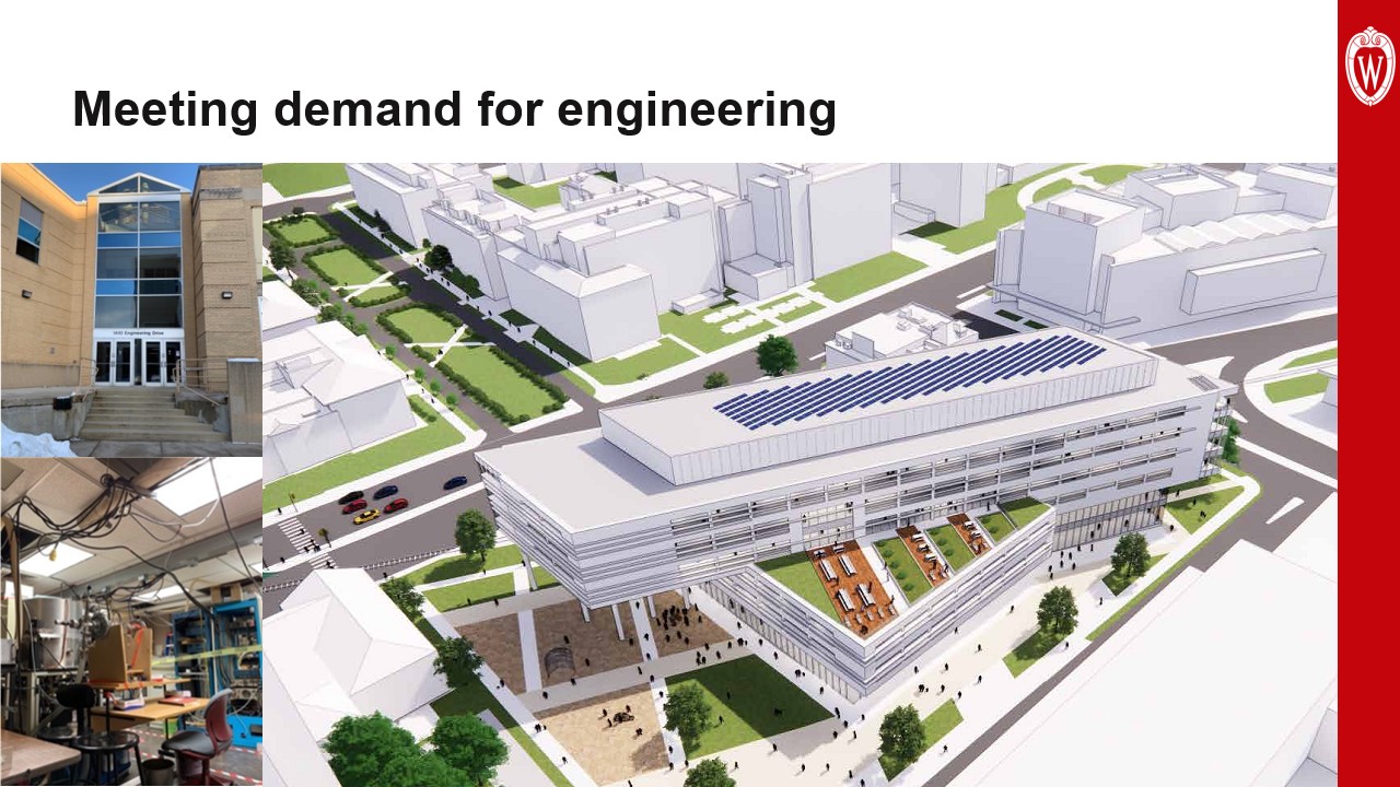 This slide is titled “Meeting demand for engineering.” It shows two old and dated facility images on the left. Most of the slide is taken up by a rendering of a new engineering building.