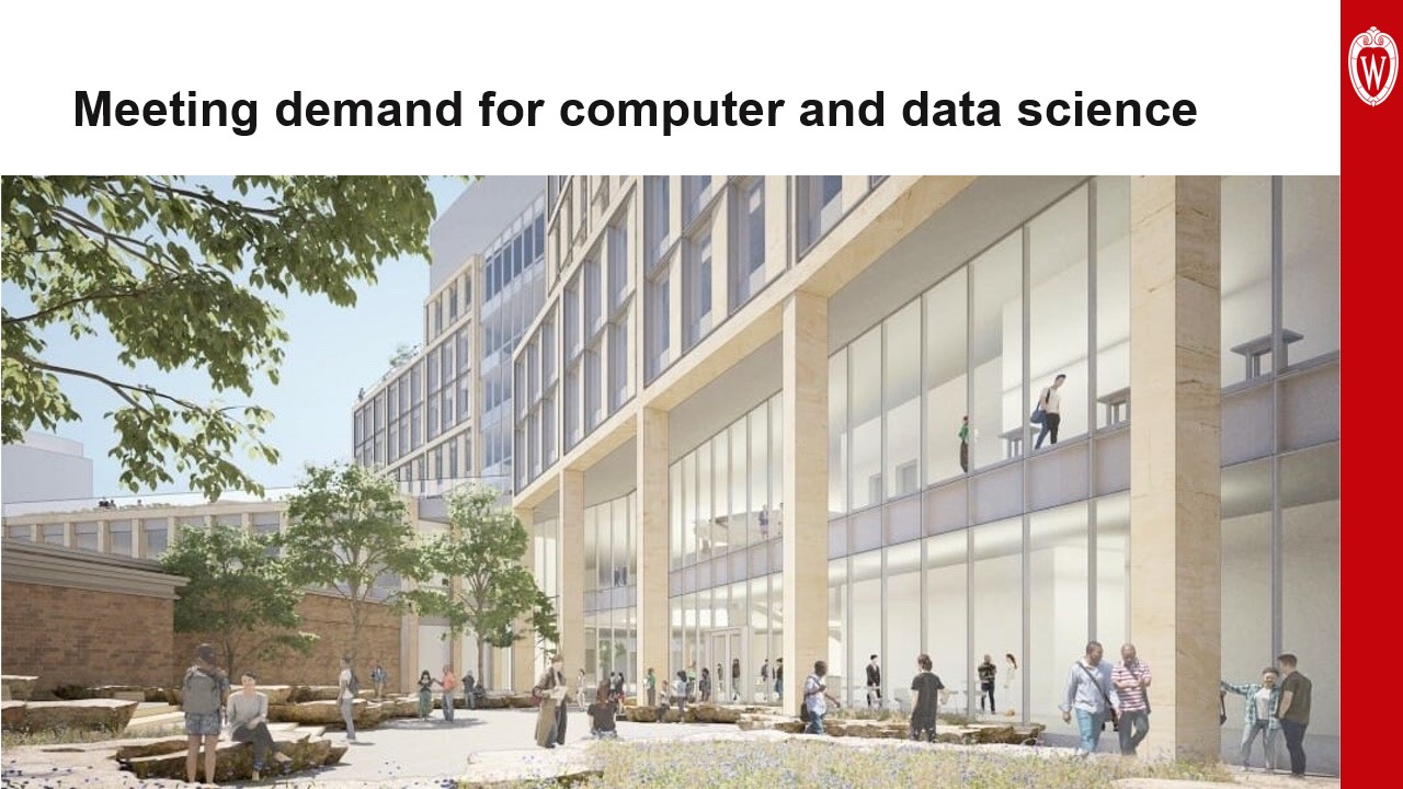 This slide is titled “Meeting demand for computer and data science” and shows a rendering of a new building for computer and data science.
