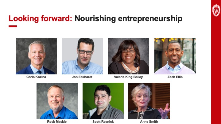 Slide 26: Text reads, “Looking forward: Nourishing entrepreneurship” above headshots of seven people: Chris Kozina, Jon Eckhardt, Valarie King Bailey, Zach Ellis, Rock Mackie, Scott Resnick and Anne Smith.”