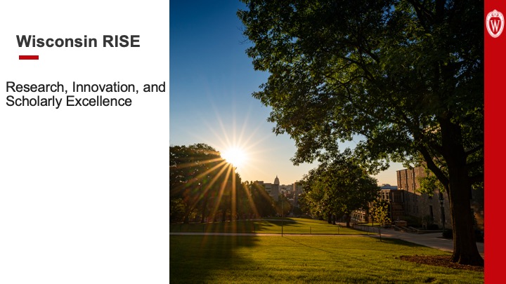 Slide 29: Text reads, “Wisconsin RISE (Research, Innovation, and Scholarly Excellence) to the left of a photo taken from the top of Bascom Hill at UW–Madison with the sun rising over the treetops and the dome of the Wisconsin State Capitol.