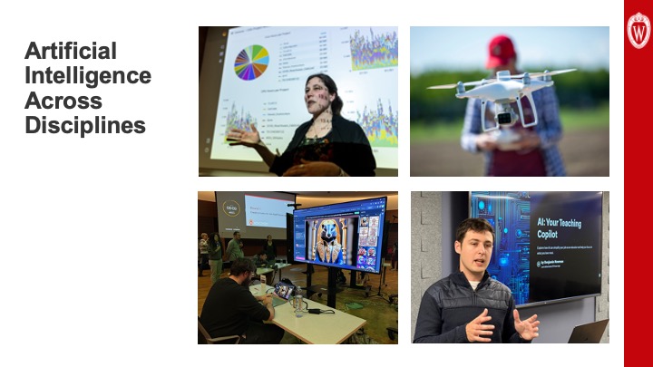 Slide 32: The words “Artificial Intelligence Across Disciplines” appear on the left. On the right are four photos. From top left, the first photo shows a woman presenting in front of a screen showing a colorful pie chart and bar graphs. Top right is a photo of a person standing in a field flying a small drone. Bottom left is a person sitting at a table in a large room. In front of him is a large computer monitor with a design program open and showing an illustrated, anthropomorphic badger wearing gold lapels. Bottom right is a person standing in front of a screen showing a slide called “AI: Your Teaching Copilot”