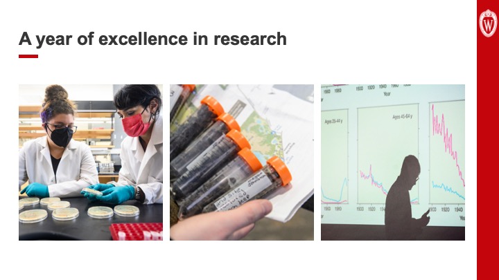 Slide 5: Text reads, “A year of excellence in research.” Under the text are three photos. From left, the first photo shows two women wearing face mask, white lab coats and blue rubber gloves as they examine Petri dishes. The middle photo shows a hand holding soil samples in large plastic test tubes. On the right, the photo shows the silhouette of a man against a screen showing a slide from his presentation.