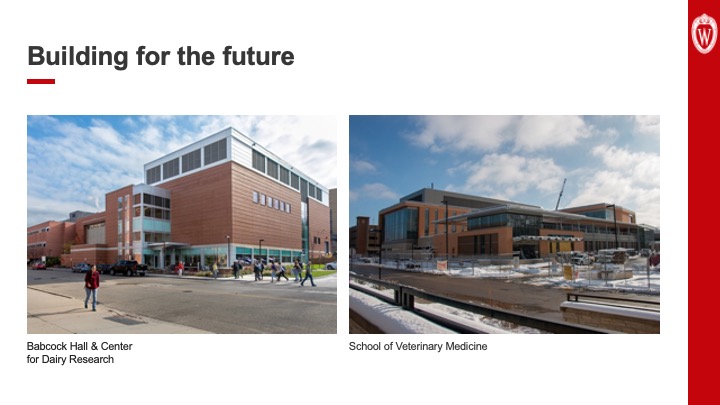 Slide 9: Text reads, “Building for the future” above two photos. On the left is a photo of the exterior of the new Babcock Hall and Center for Dairy Research. On the right is a photo of the new School for Veterinary Medicine building.