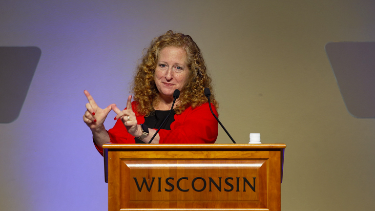 Close up photo of Chancellor Jennifer L. Mnookin concluding her speech at the 2024 board of visitors event, Lunch with the Chancellor.