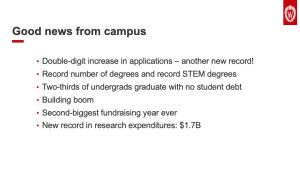 Slide 3: Good news from campus. The slide lists key points in Mnookin's speech: Double-digit increase in applications; record number of degrees awarded; two-thirds of undergrads graduate with no debt; building boom; second-biggest fundraising year; and new record in research expenditures.