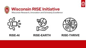 Slide 6: Wisconsin RISE Initiative. The slide shows three line-drawn icons. A cog and computer chip represent RISE-AI. A globe and open palm represent RISE-Earth. A circle with four quadrants with healthcare imagery represents RISE-Thrive.