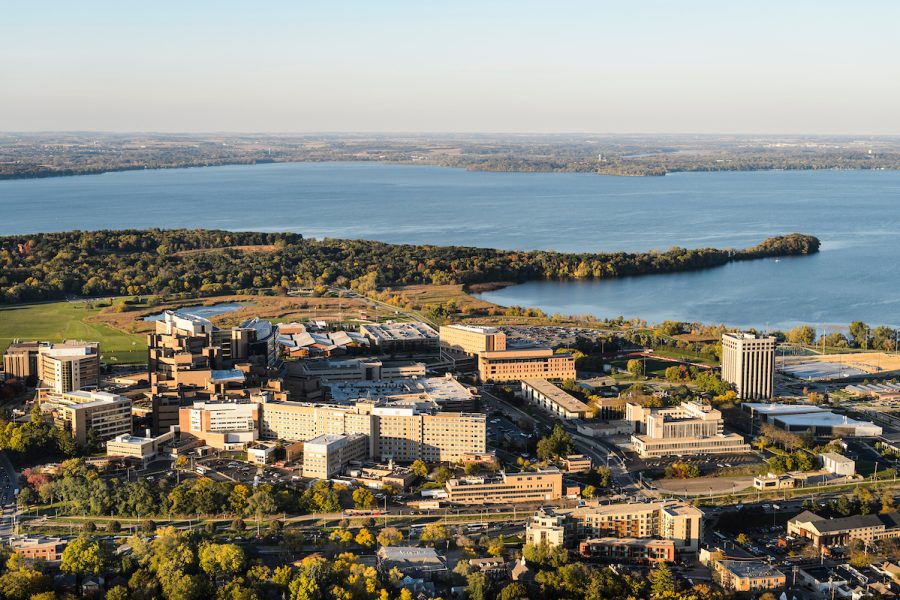 Aerial photo of the UW–Madison campus with Lake Mendota and Picnic Point in view