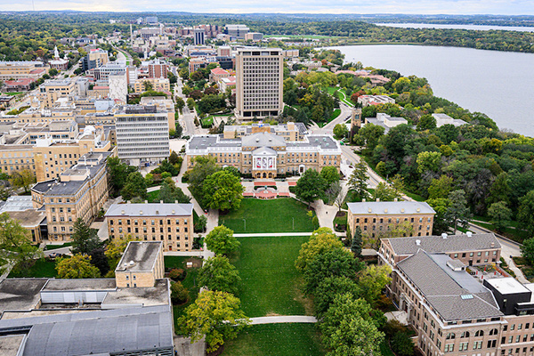 Central UW–Madison campus is pictured in an aerial photograph taken from a helicopter looking west over Bascom Hill.