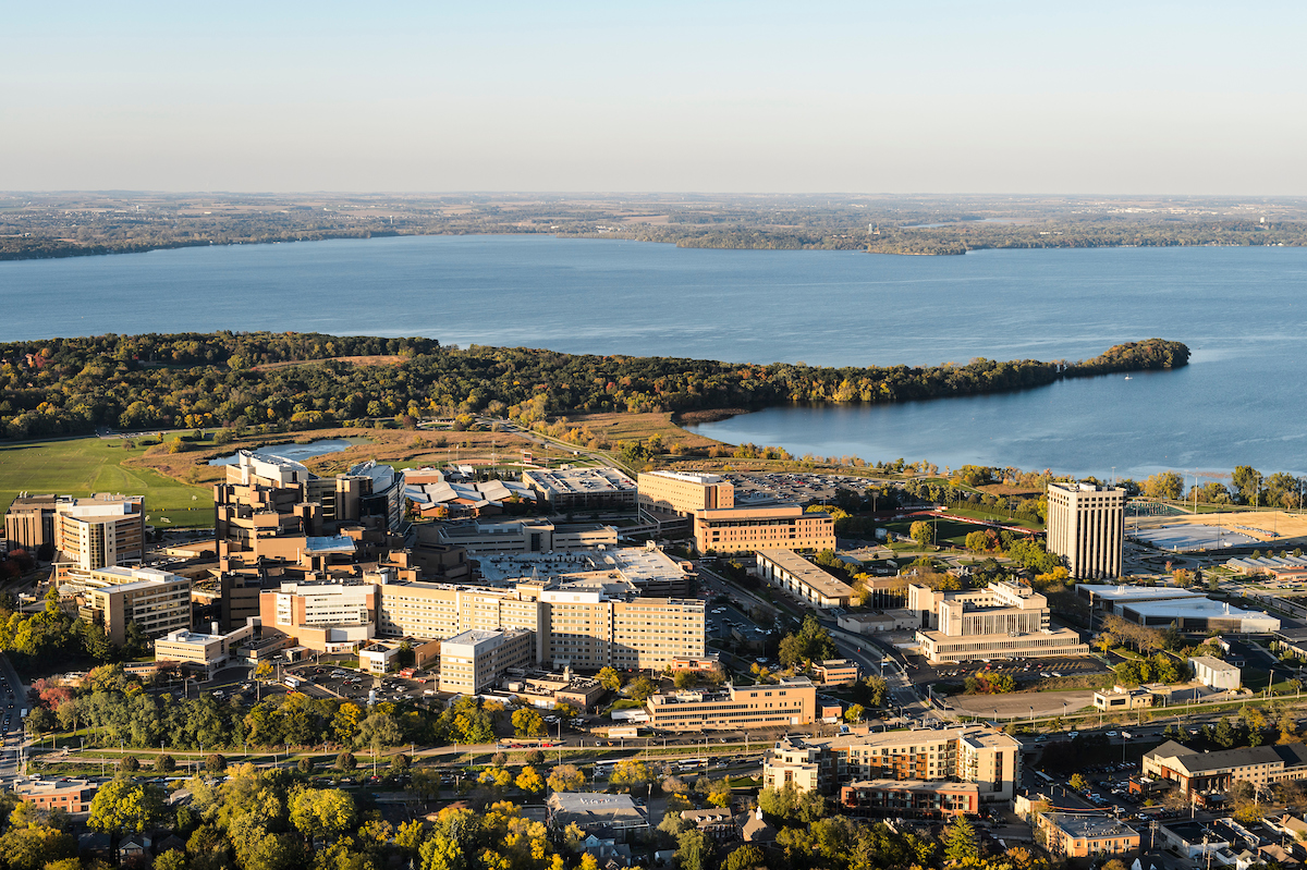 Aerial photo of the UW–Madison campus with Lake Mendota and Picnic Point in view.