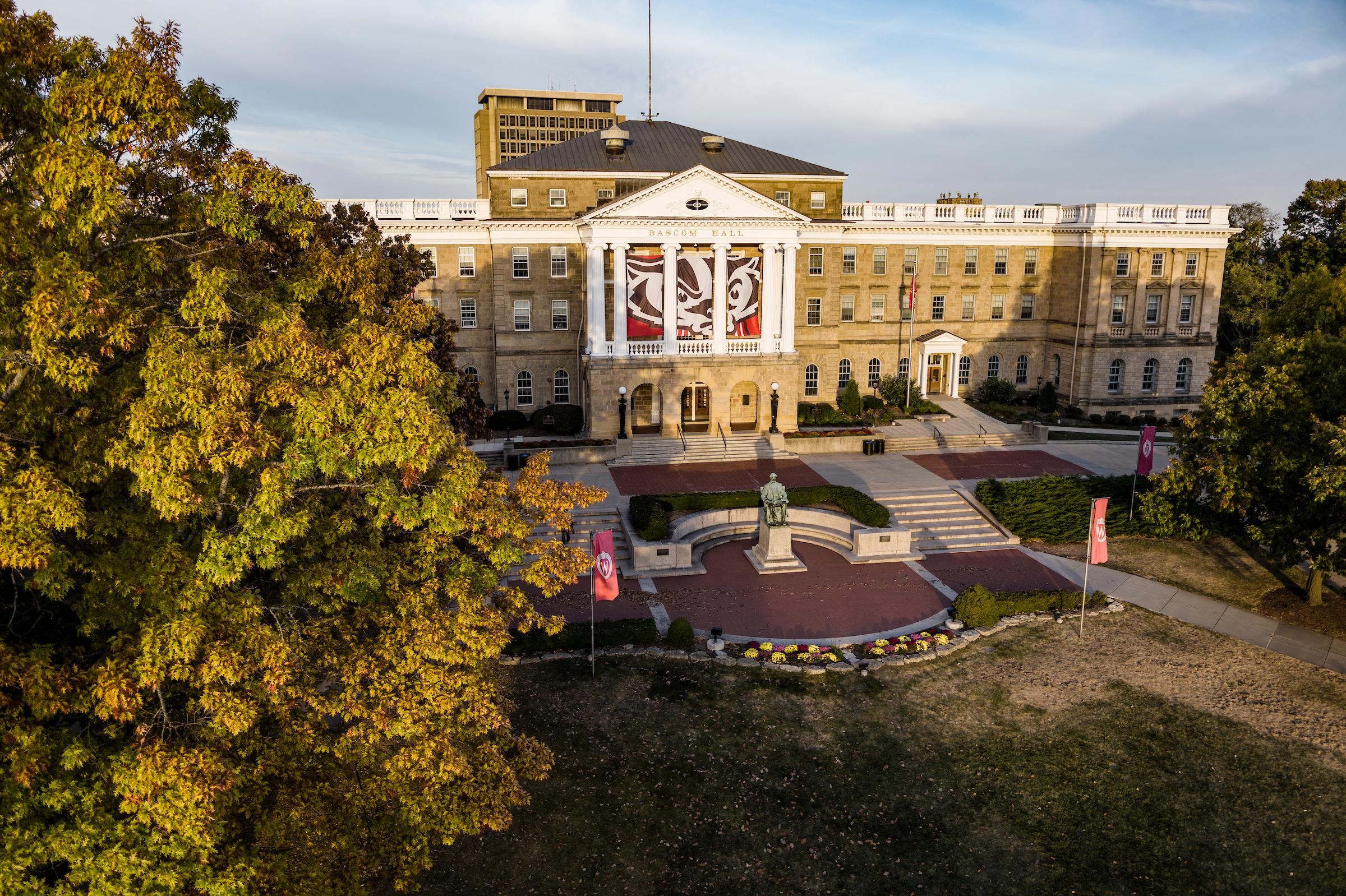 Bascom Hall is seen from a drone at dawn on a fall morning at the University of Wisconsin–Madison.