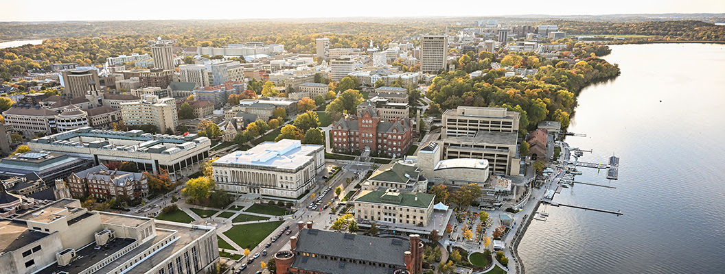 Aerial photo of the UW–Madison campus with Lake Mendota in view.